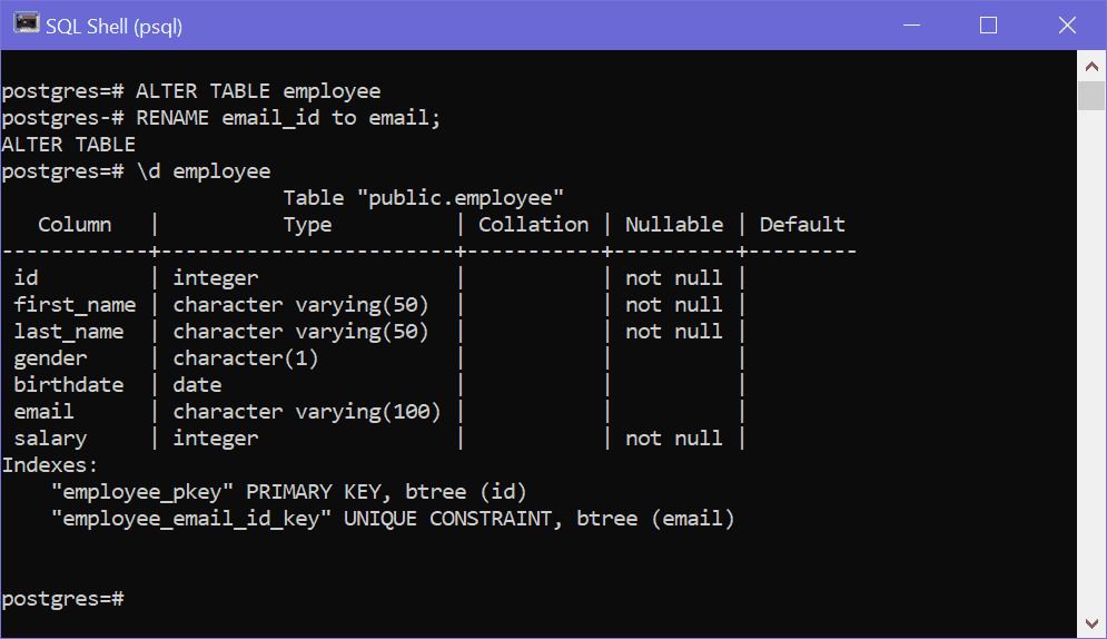 Rename Column Of A Table In PostgreSQL