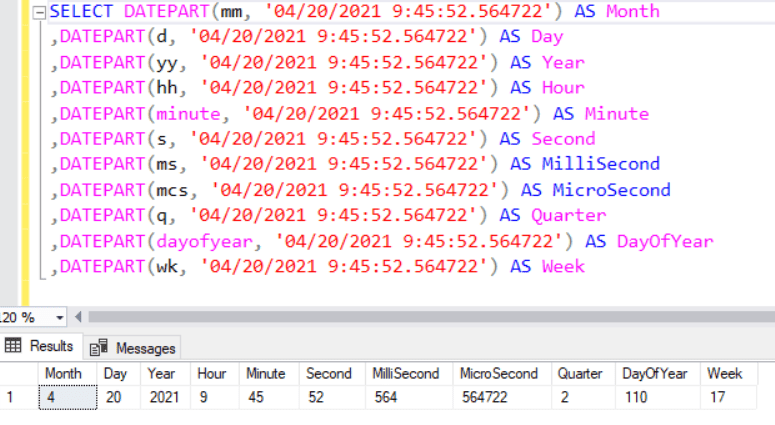 SQL Server DATEPART Function