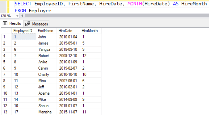 SQL Server MONTH Function