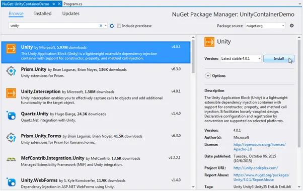 Install Unity Container in Visual Studio