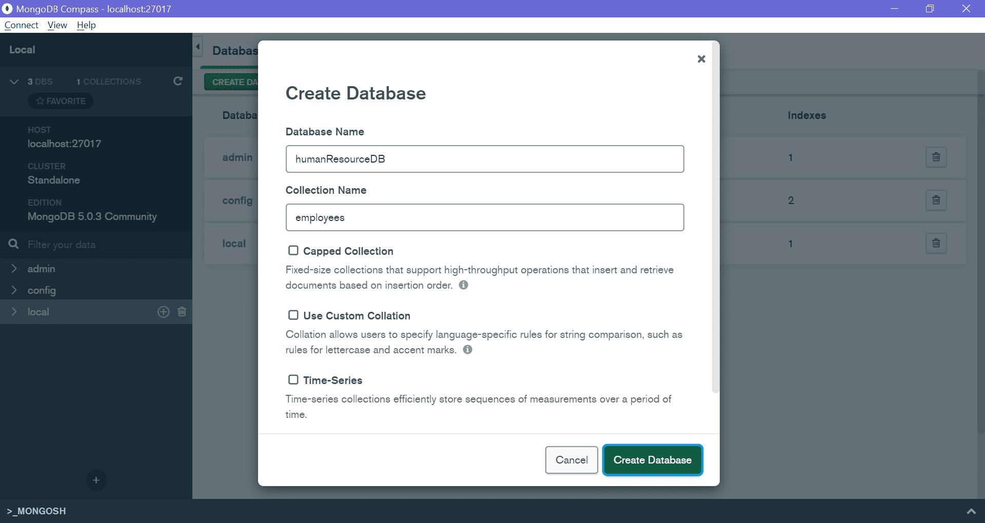 MongoDB Compass - Create Database