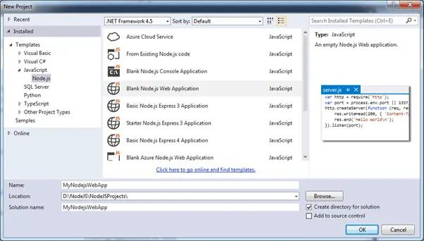 Select Node.js Template in Visual Studio