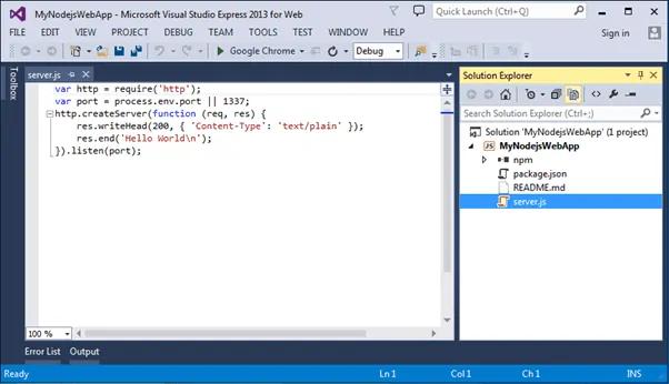 Node.js web server project in Visual Studio