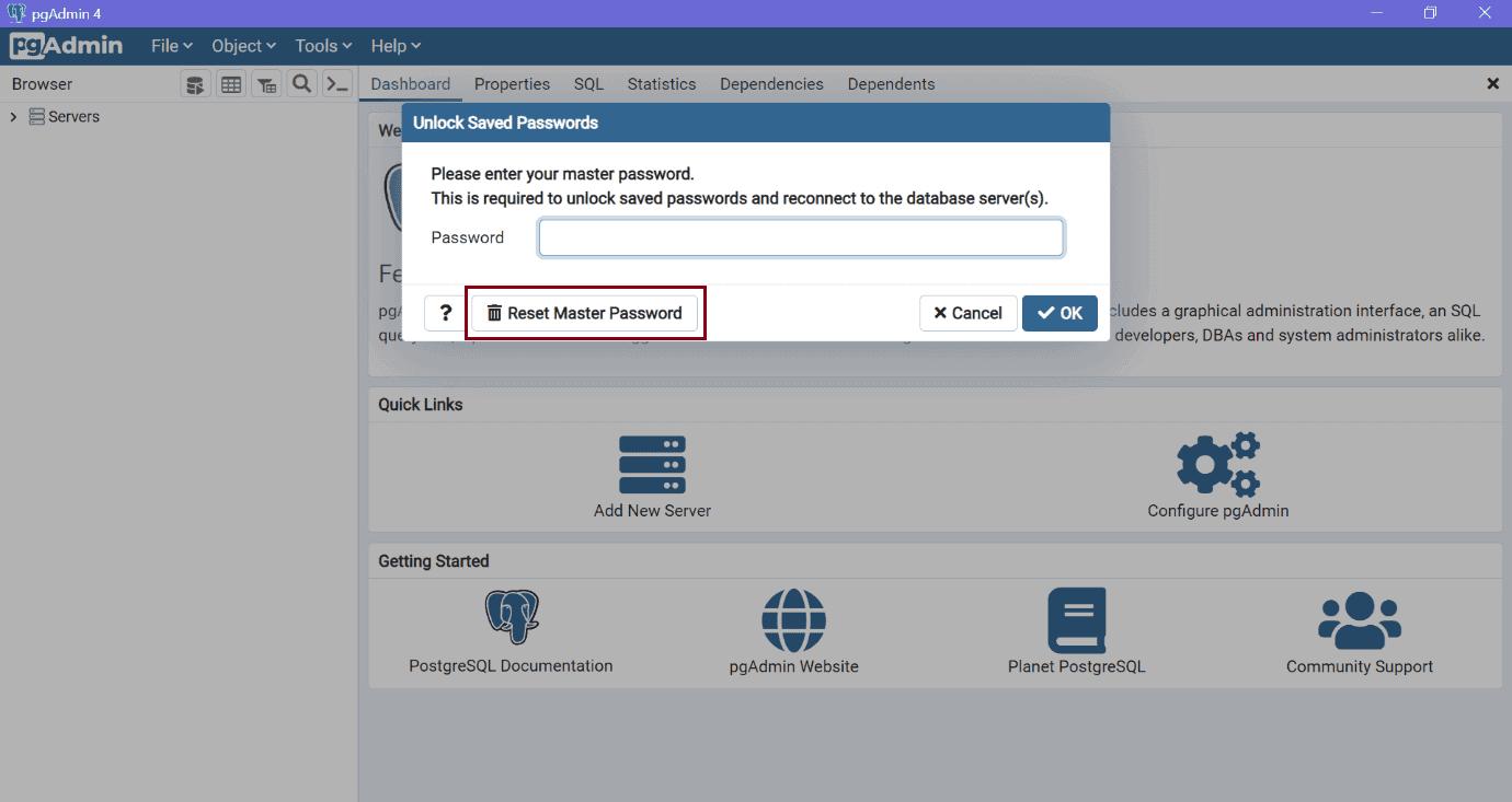 Reset Master Password in pgAdmin