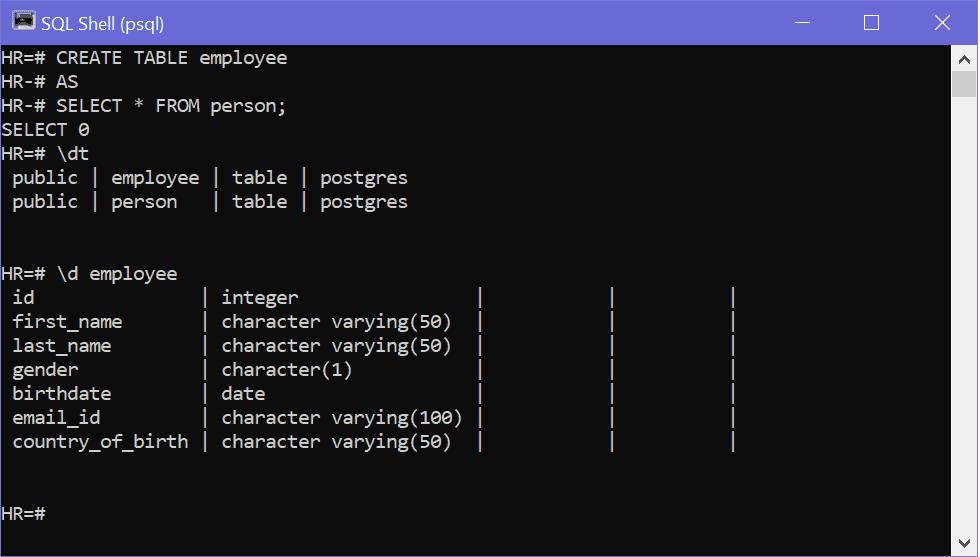 List Table Structure in psql