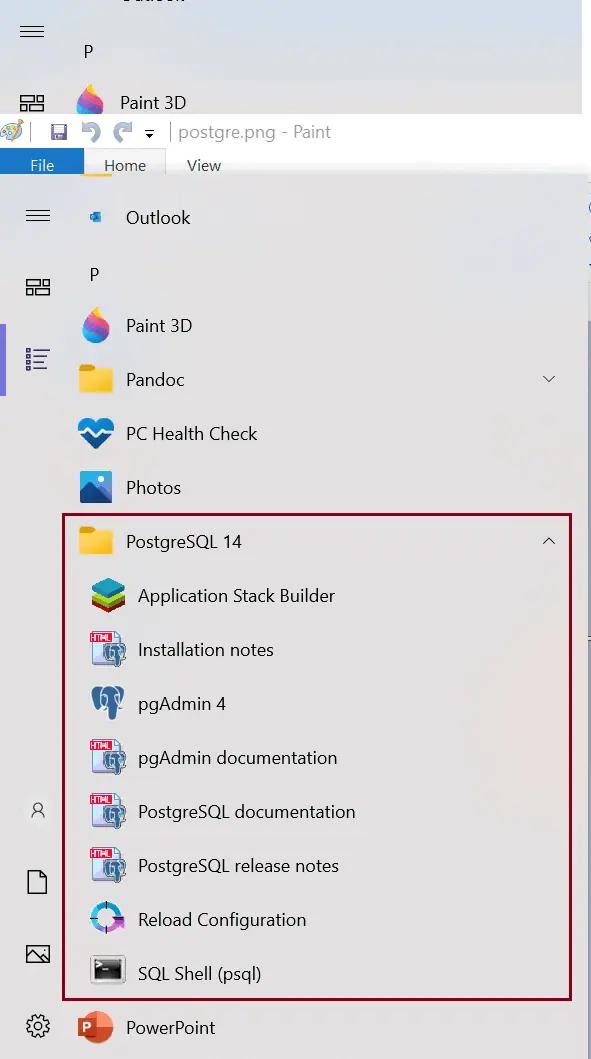 PostgreSQL Database in Application Menu