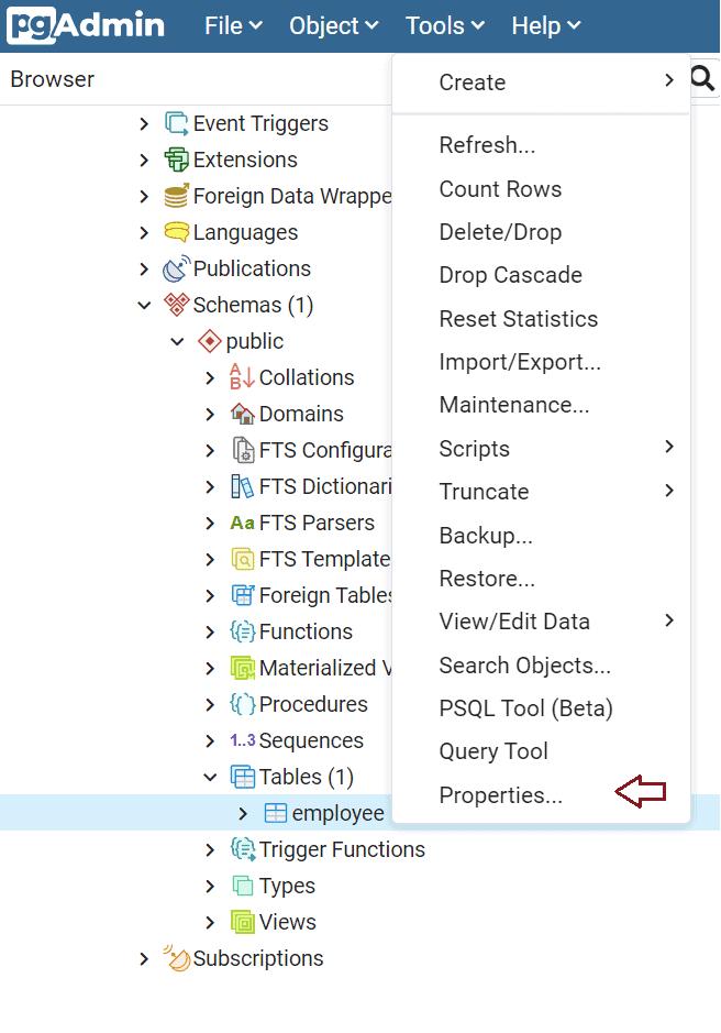 Open Table Properties