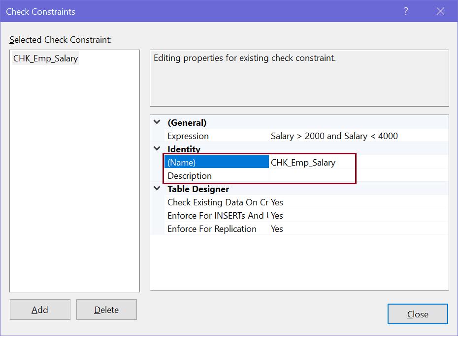 Add Check Constraint Name