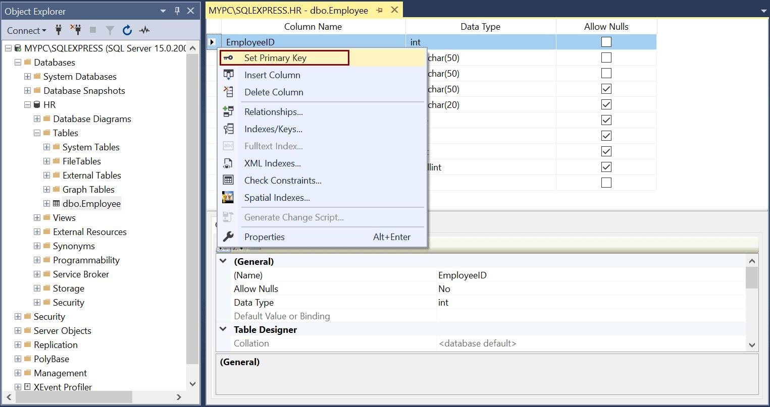 Set Primary Keys in SQL Server