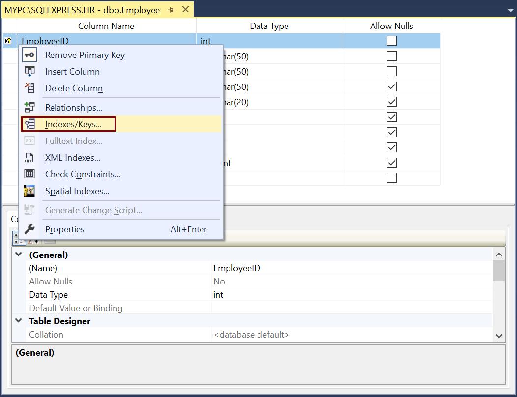 Open Indexes/Keys Configurations