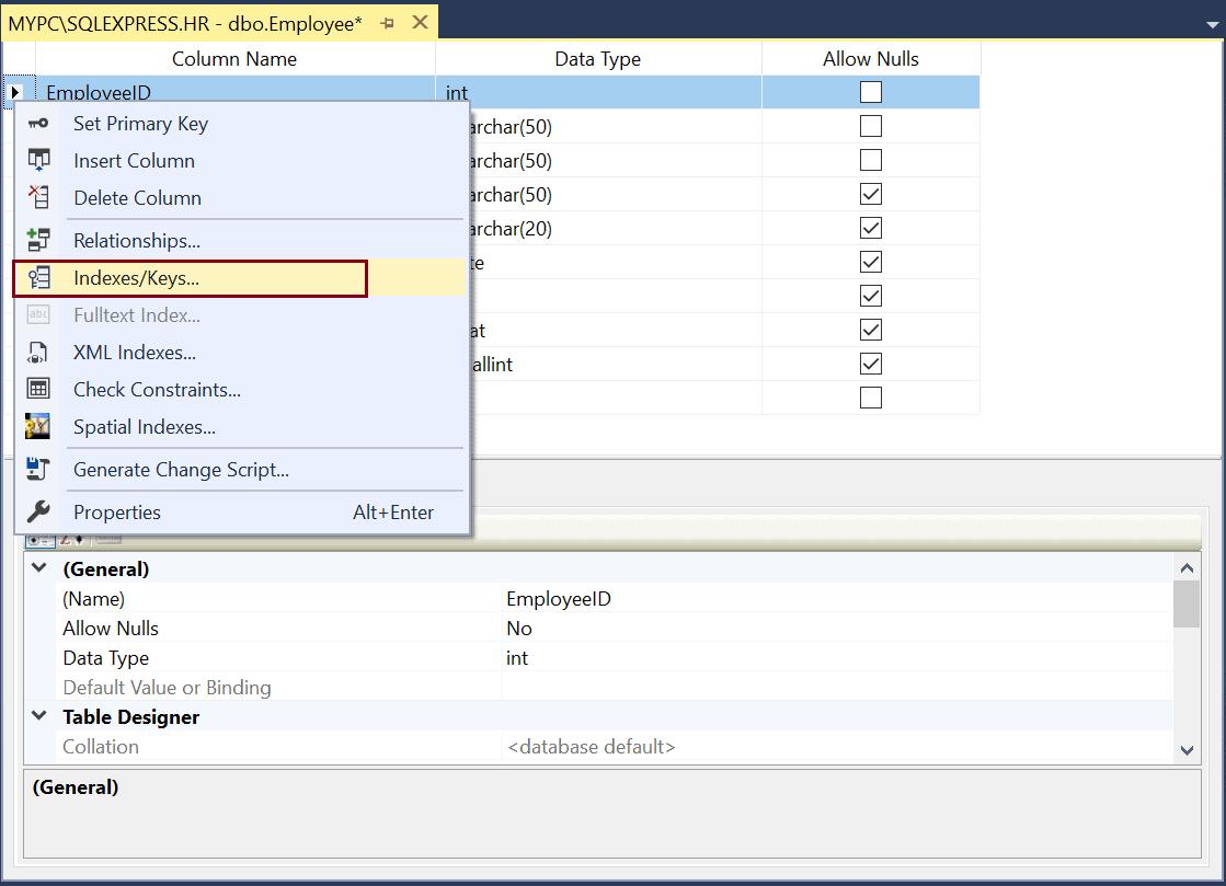 Open Indexes/Keys Dialog box